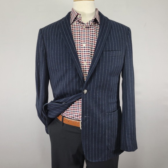 Joseph Abboud Men's Flannel Sport Coat Blazer Two Button Navy Striped LARGE - Picture 1 of 15